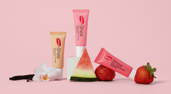 Carmex Shea lip balm tubes in Vanilla Bean Watermelon and Strawberry flavors